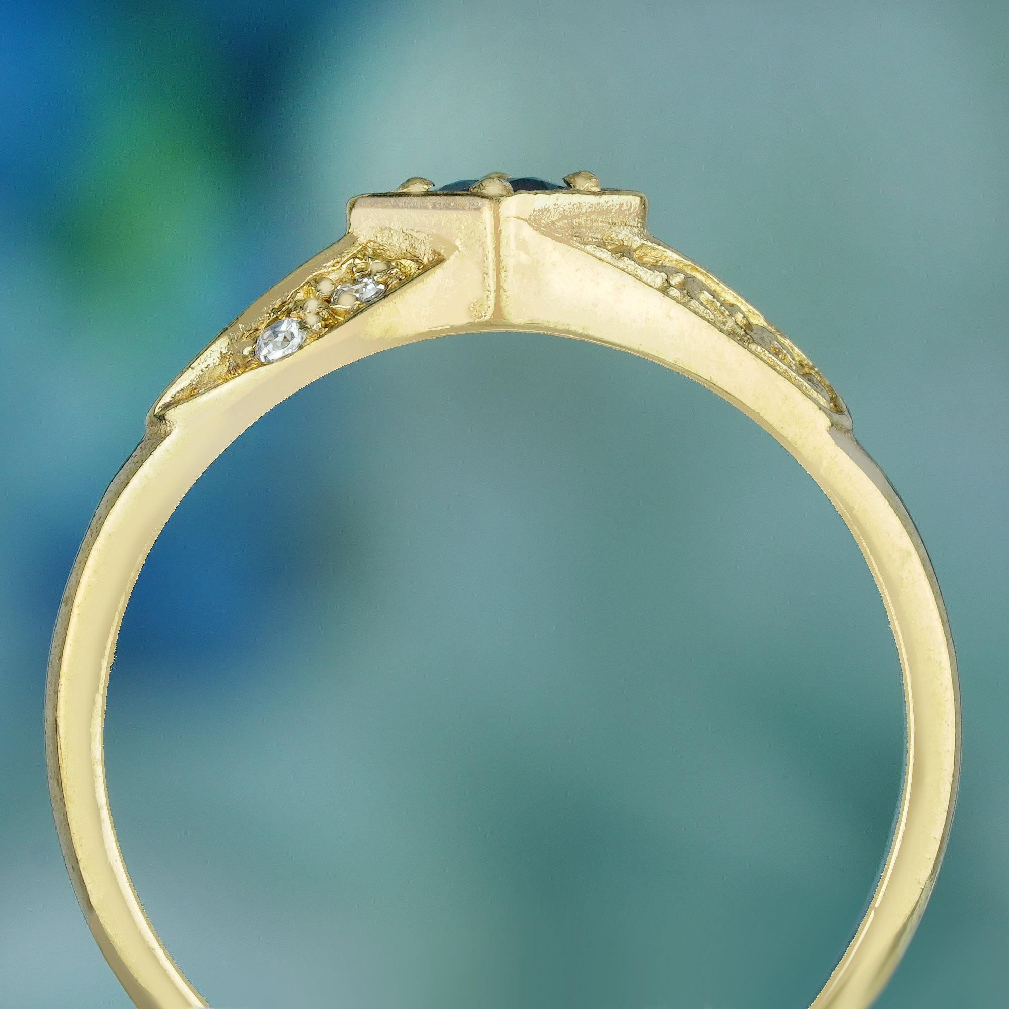 Solitär-Ring aus massivem 9 Karat Gold mit natürlichem blauem Saphir und Diamant im Vintage-Stil im Zustand „Neu“ im Angebot in Bangkok, TH