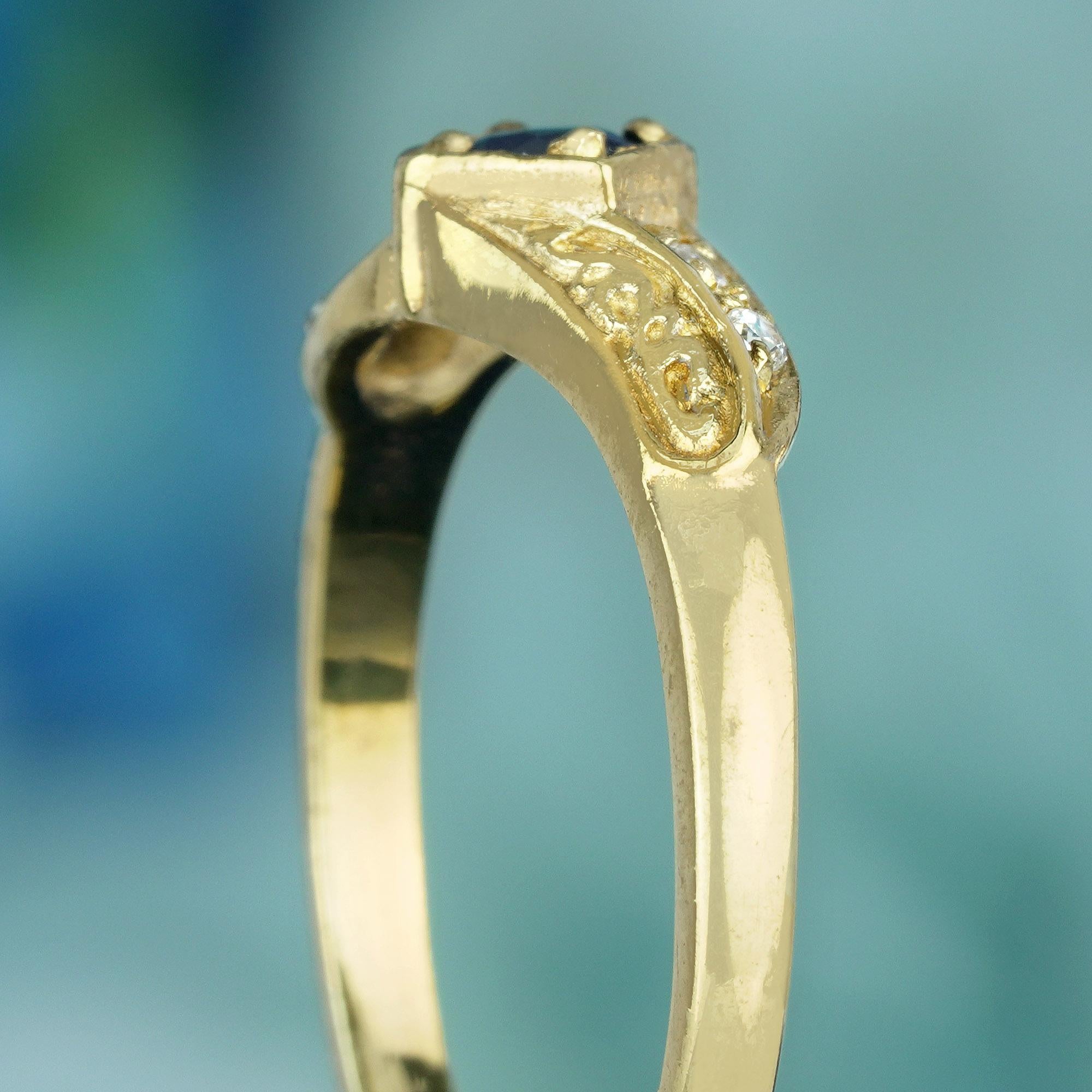 Solitär-Ring aus massivem 9 Karat Gold mit natürlichem blauem Saphir und Diamant im Vintage-Stil Damen im Angebot