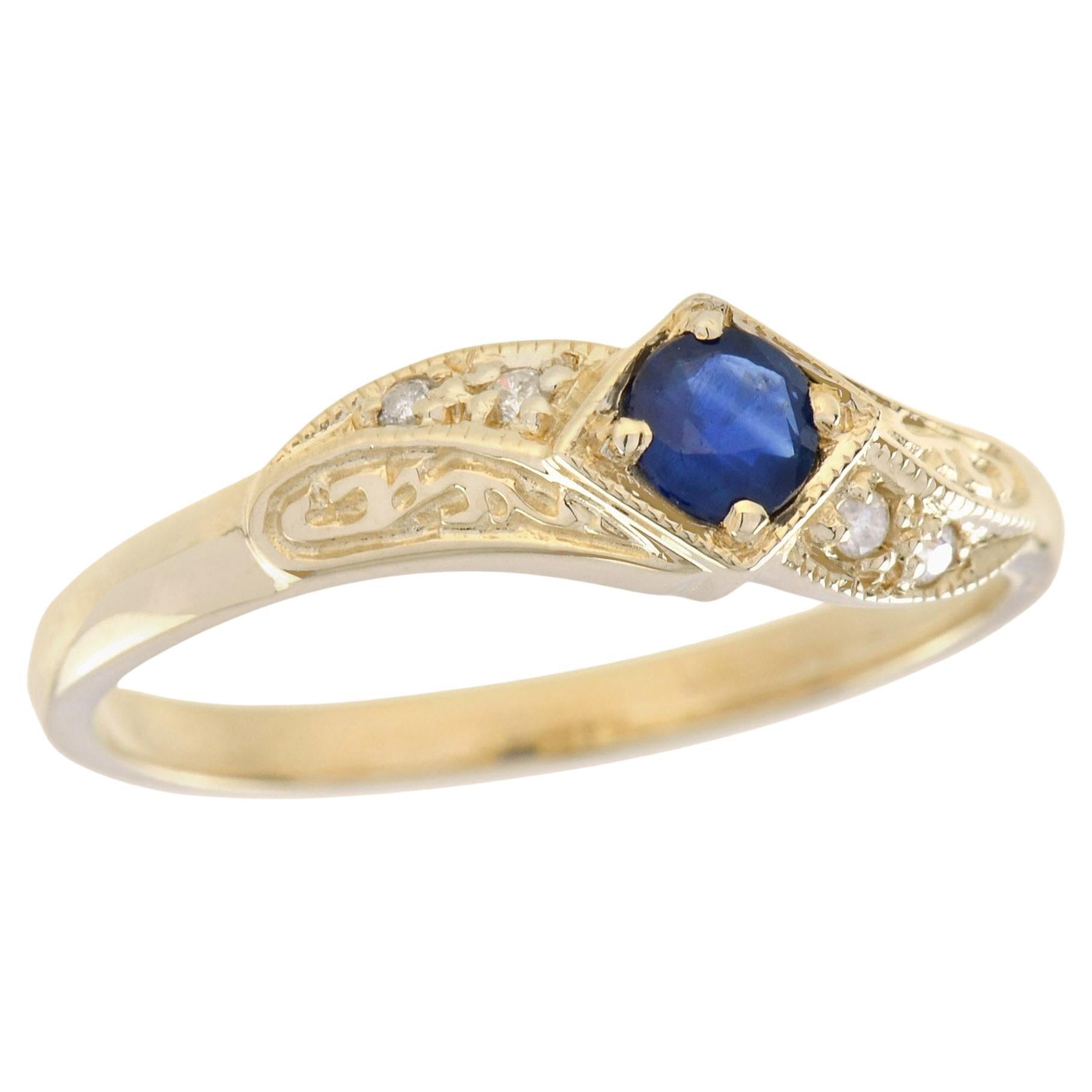 Natural Blue Sapphire and Diamond Vintage Style Solitaire Ring in Solid 9K Gold For Sale