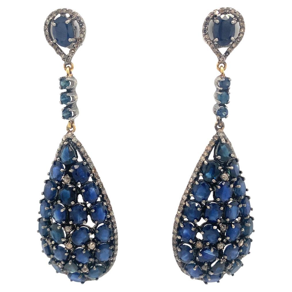 Natural blue sapphire and diamonds earrings in silver For Sale