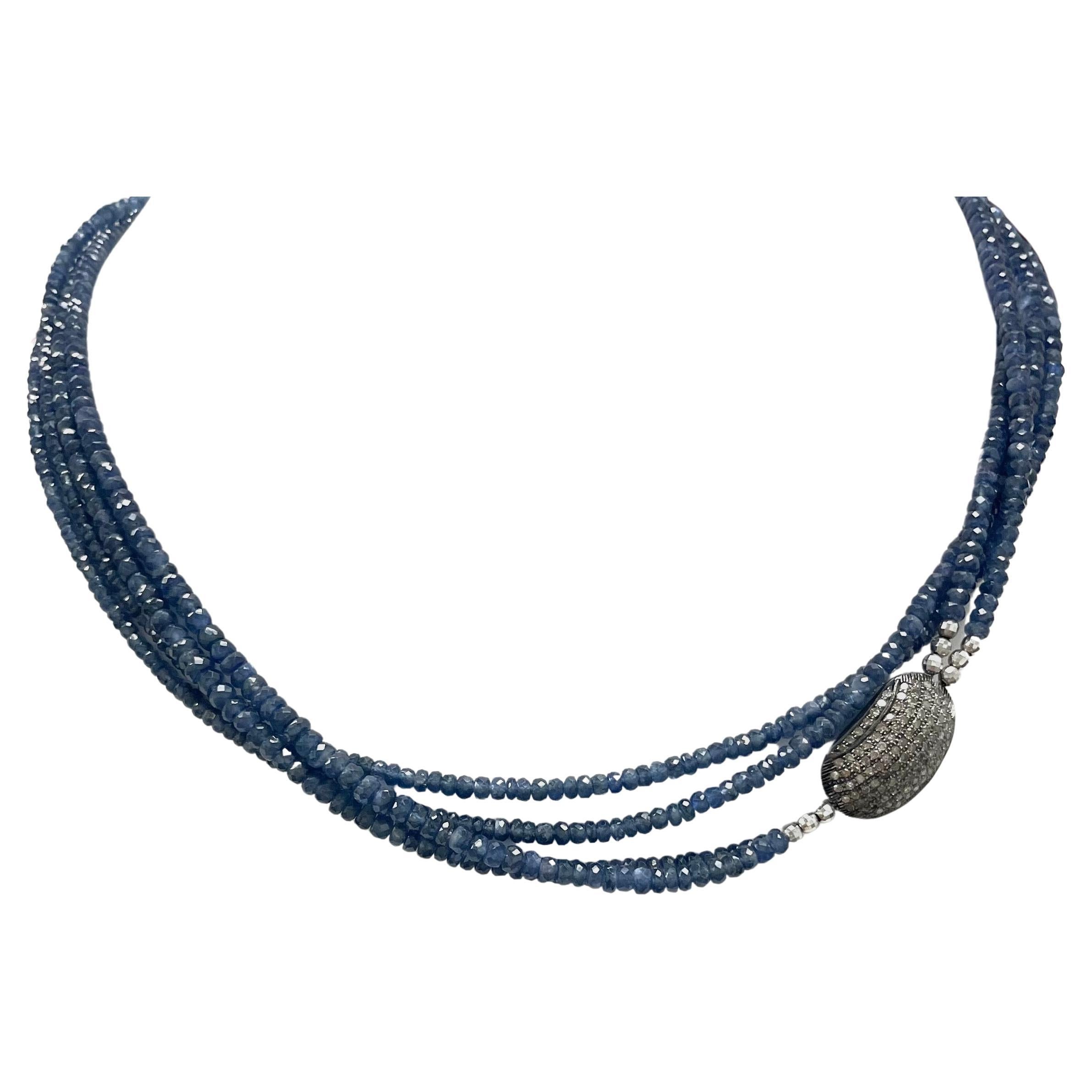 Artisan Natural Blue Sapphire and Diamonds Necklace For Sale