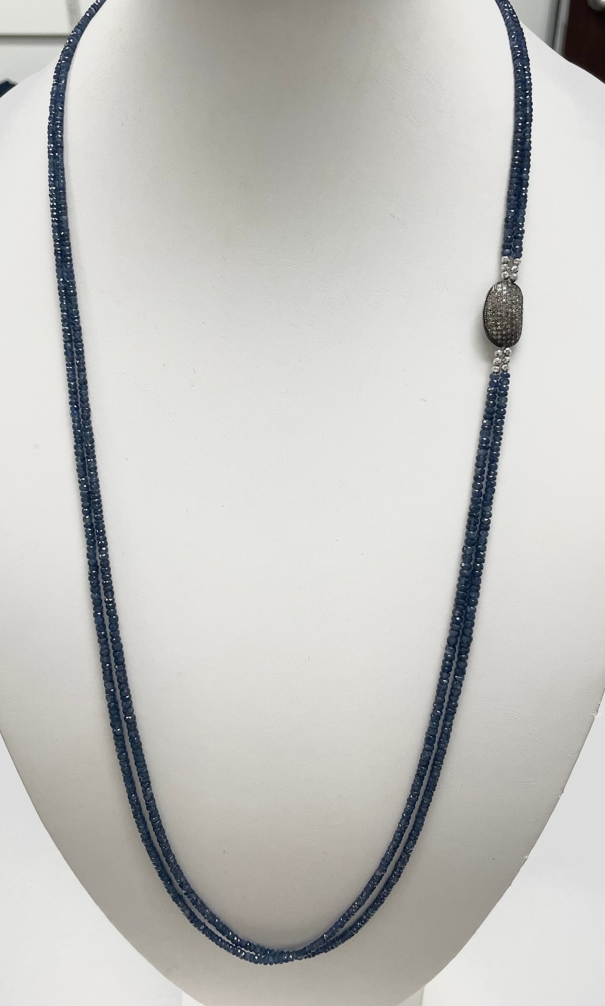 Bead Natural Blue Sapphire and Diamonds Necklace For Sale