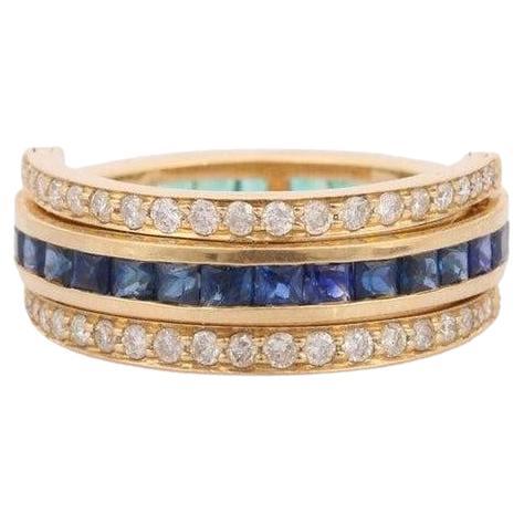Natural Blue Sapphire and Emerald Spinner Magic Ring in 14k Solid Yellow Gold