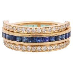 Bague magique Spinner en or jaune massif 14 carats, saphir bleu naturel et émeraude
