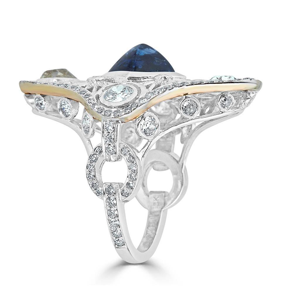Natural Blue Sapphire and Old Mine Cut Diamond Cocktail Ring In New Condition For Sale In New York, NY