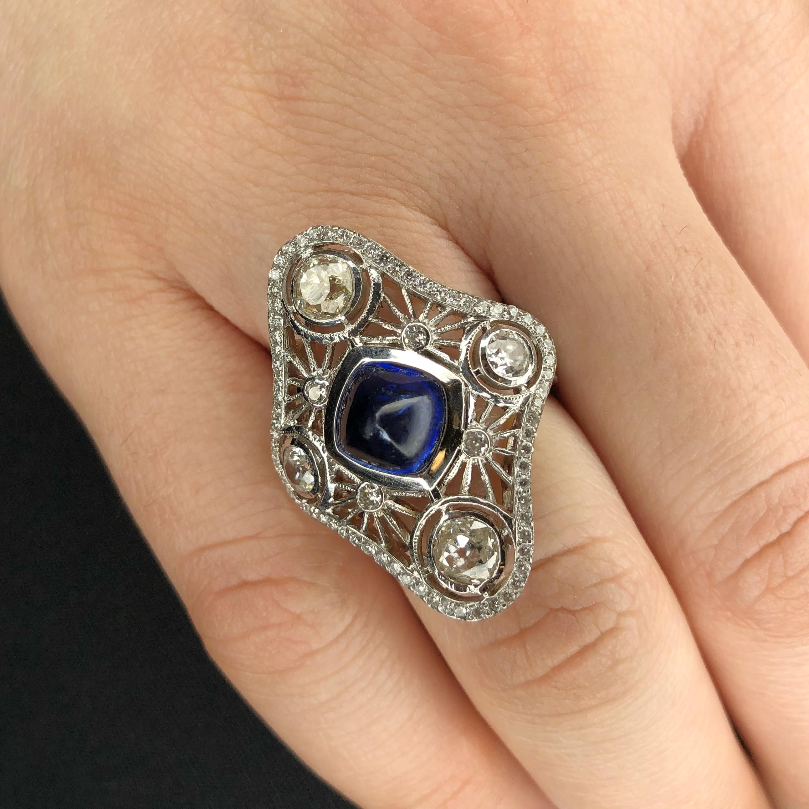 Women's or Men's Natural Blue Sapphire and Old Mine Cut Diamond Cocktail Ring For Sale