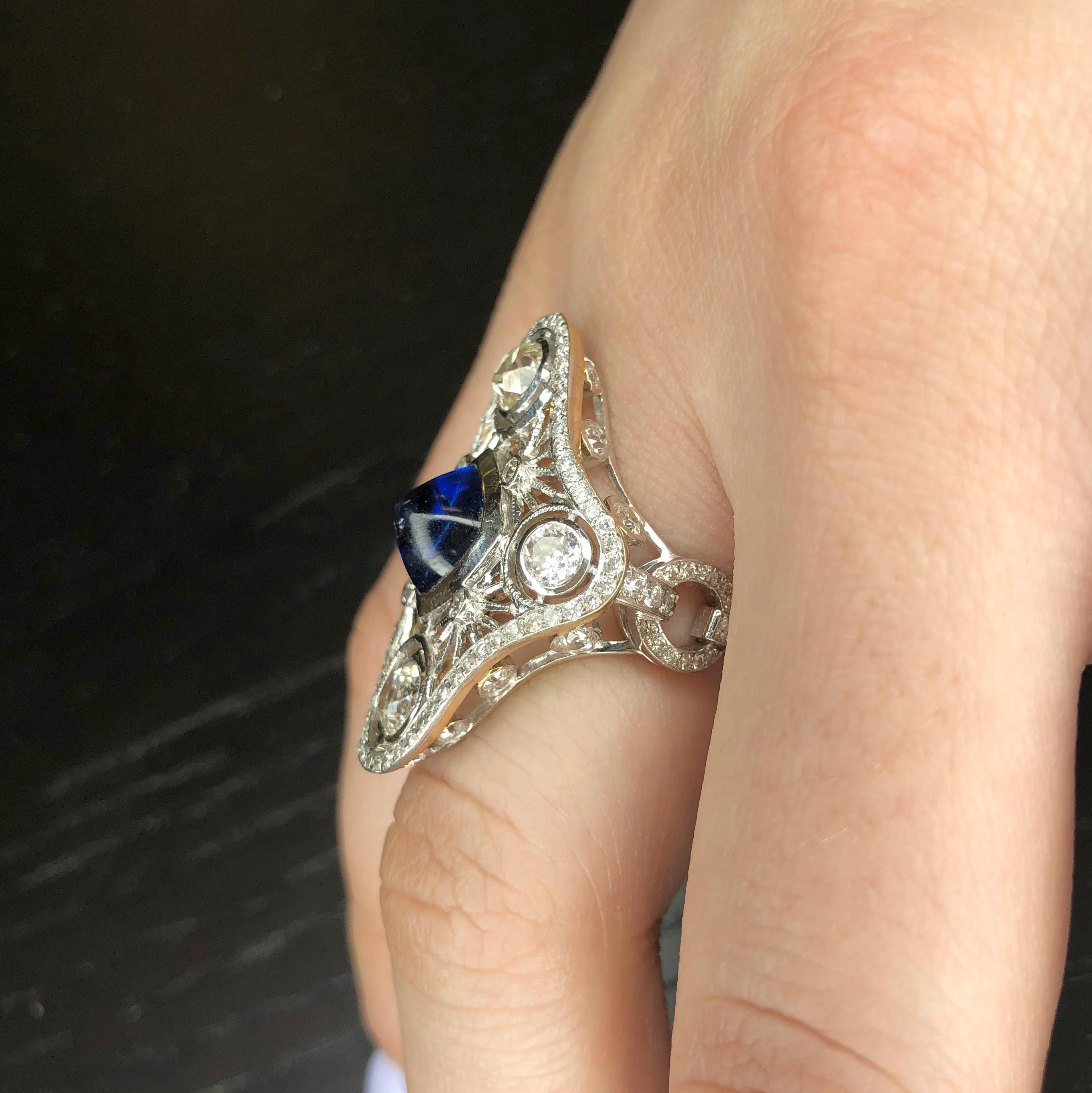 Natural Blue Sapphire and Old Mine Cut Diamond Cocktail Ring For Sale 1