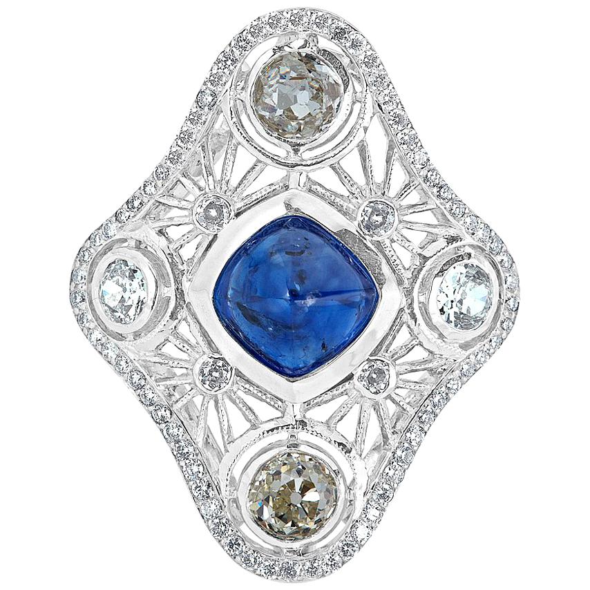 Natural Blue Sapphire and Old Mine Cut Diamond Cocktail Ring For Sale