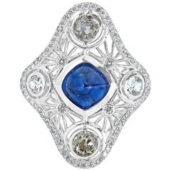 Natural Blue Sapphire and Old Mine Cut Diamond Cocktail Ring