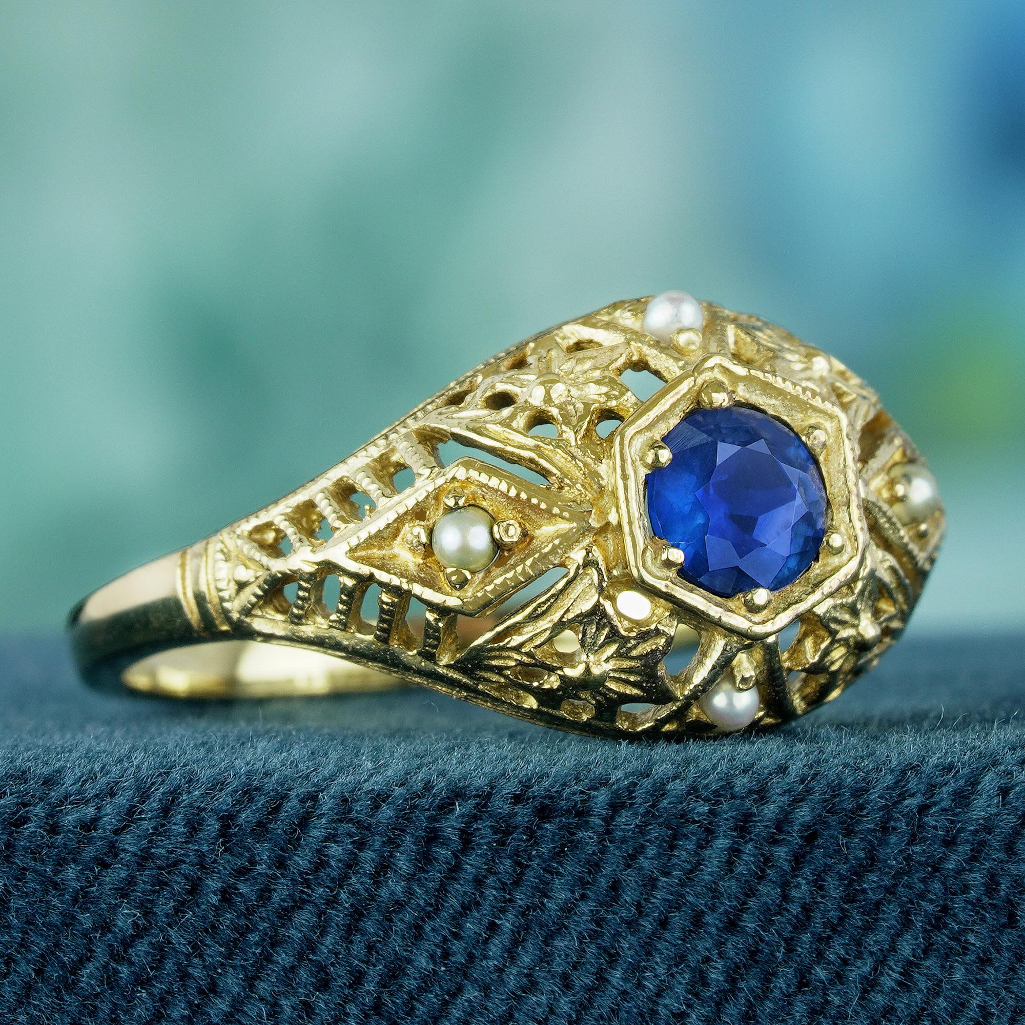 Edwardian Natural Blue Sapphire and Pearl Art Deco Style Filigree Ring in Solid 9K Gold For Sale