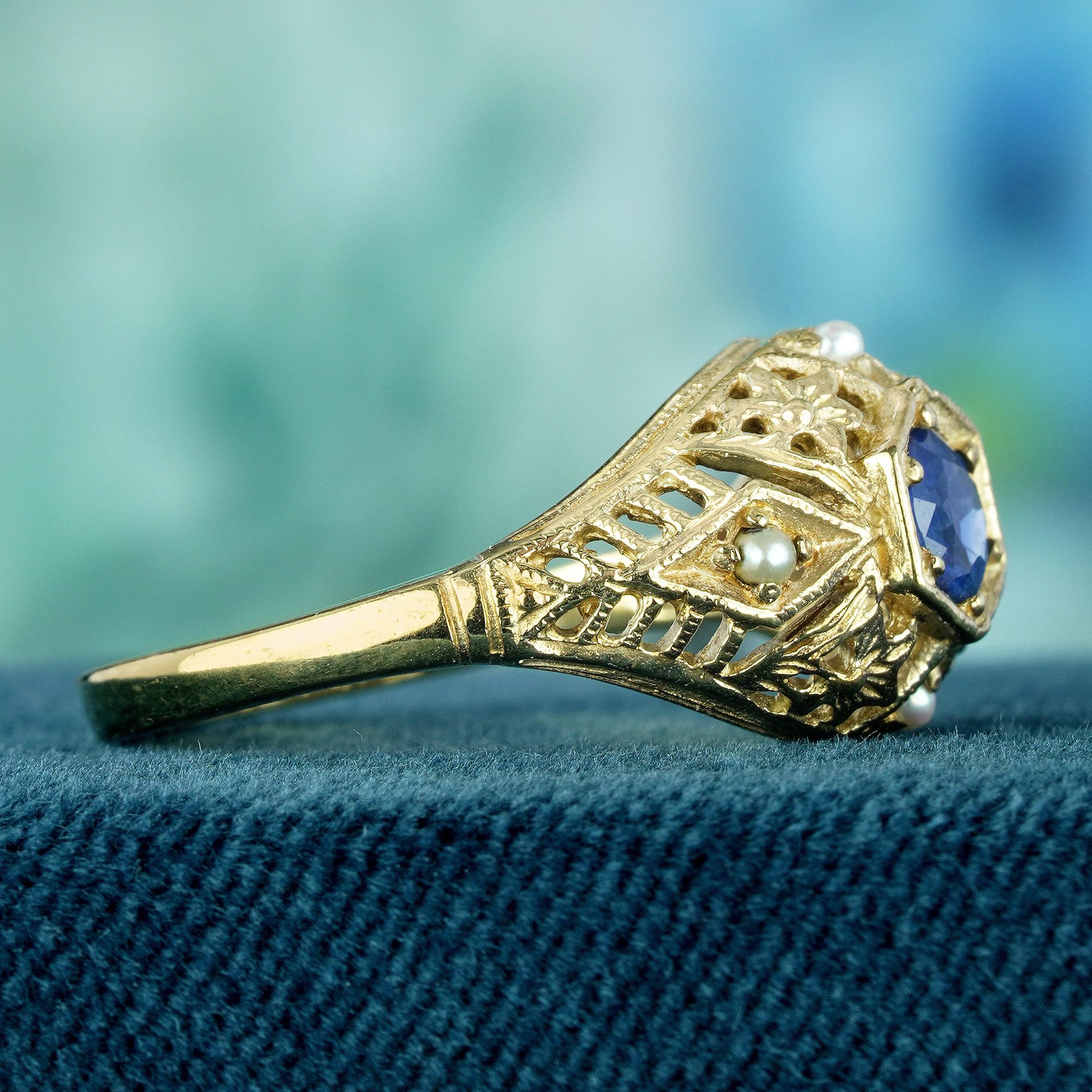 Round Cut Natural Blue Sapphire and Pearl Art Deco Style Filigree Ring in Solid 9K Gold For Sale