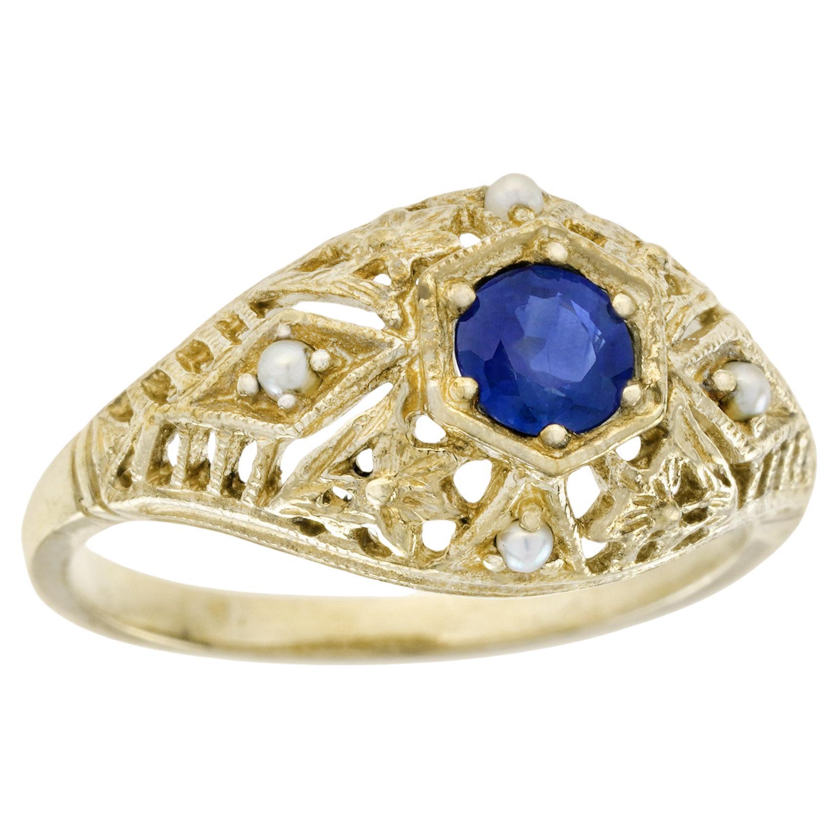 Natural Blue Sapphire and Pearl Art Deco Style Filigree Ring in Solid 9K Gold For Sale