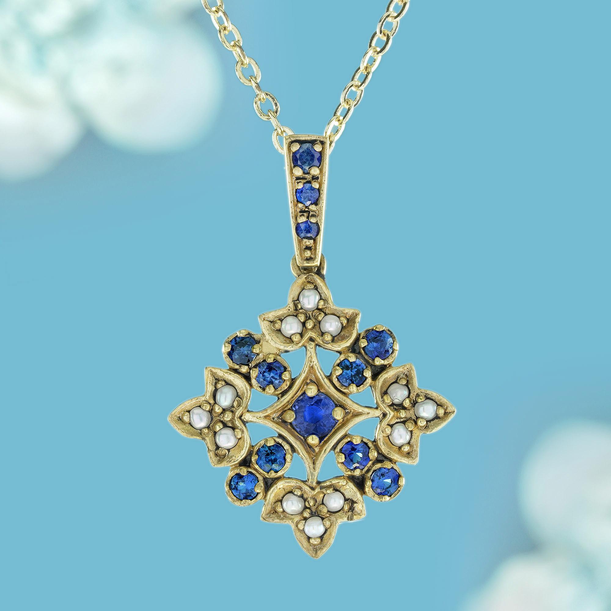 Crafted from solid yellow gold, this elegant floral pendant is adorned with cascading round opals on the bail. The pendant showcases a bloom floral clusters of eight petal-shaped designs, with 4 clusters crafted from vibrant round blue Sapphire set