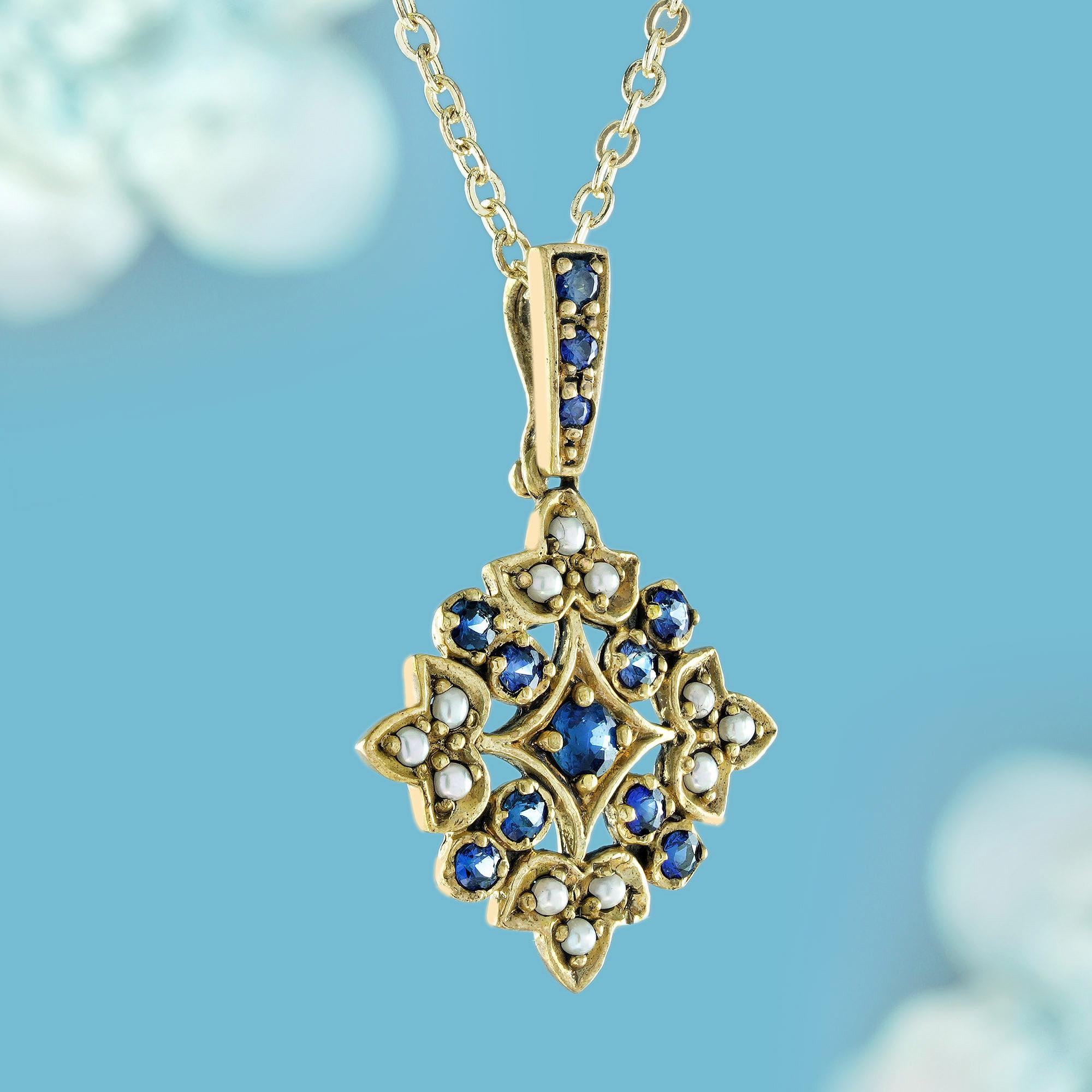 Edwardian Natural Blue Sapphire and Pearl Vintage Style Bloom Pendant in Solid 9K Gold For Sale