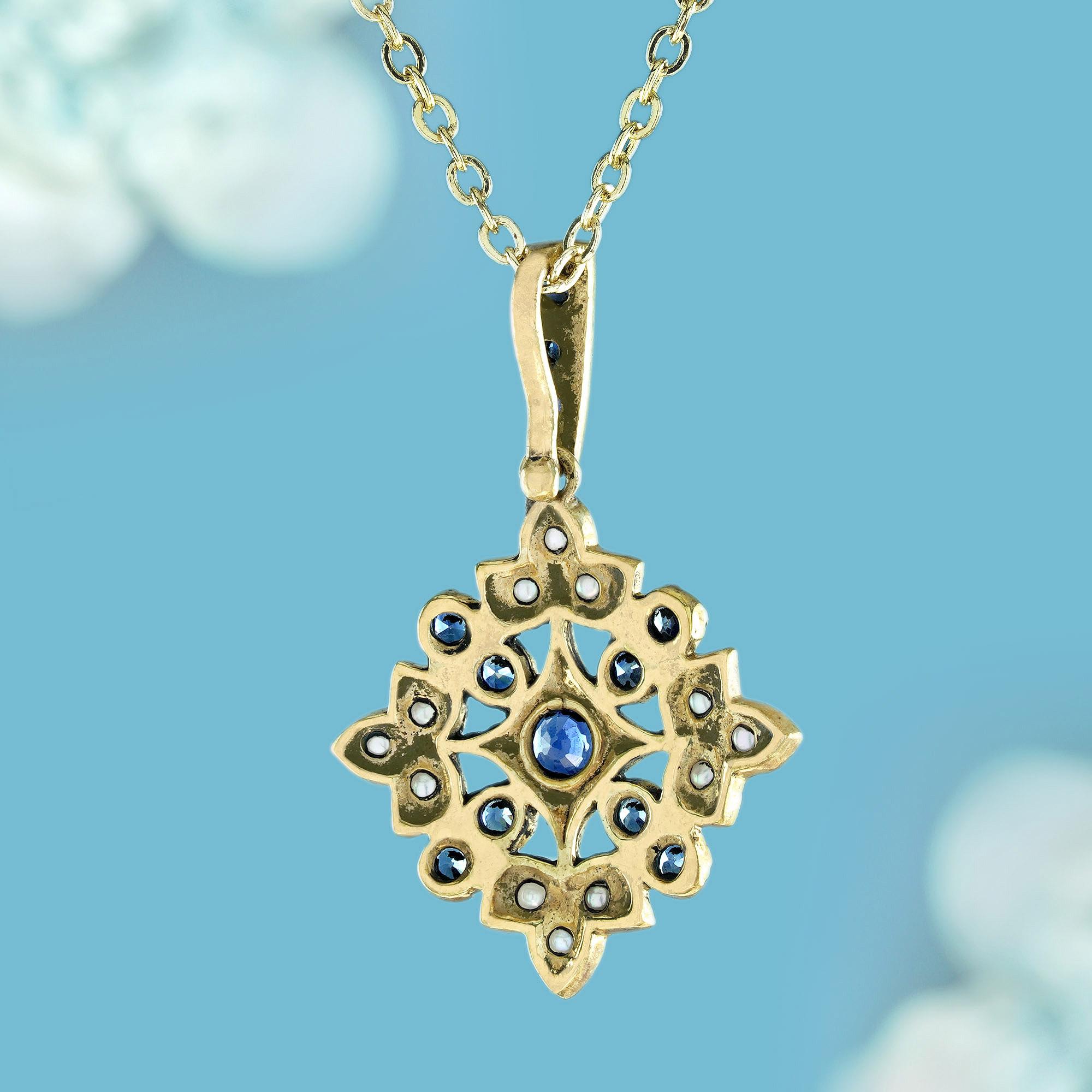 Round Cut Natural Blue Sapphire and Pearl Vintage Style Bloom Pendant in Solid 9K Gold For Sale