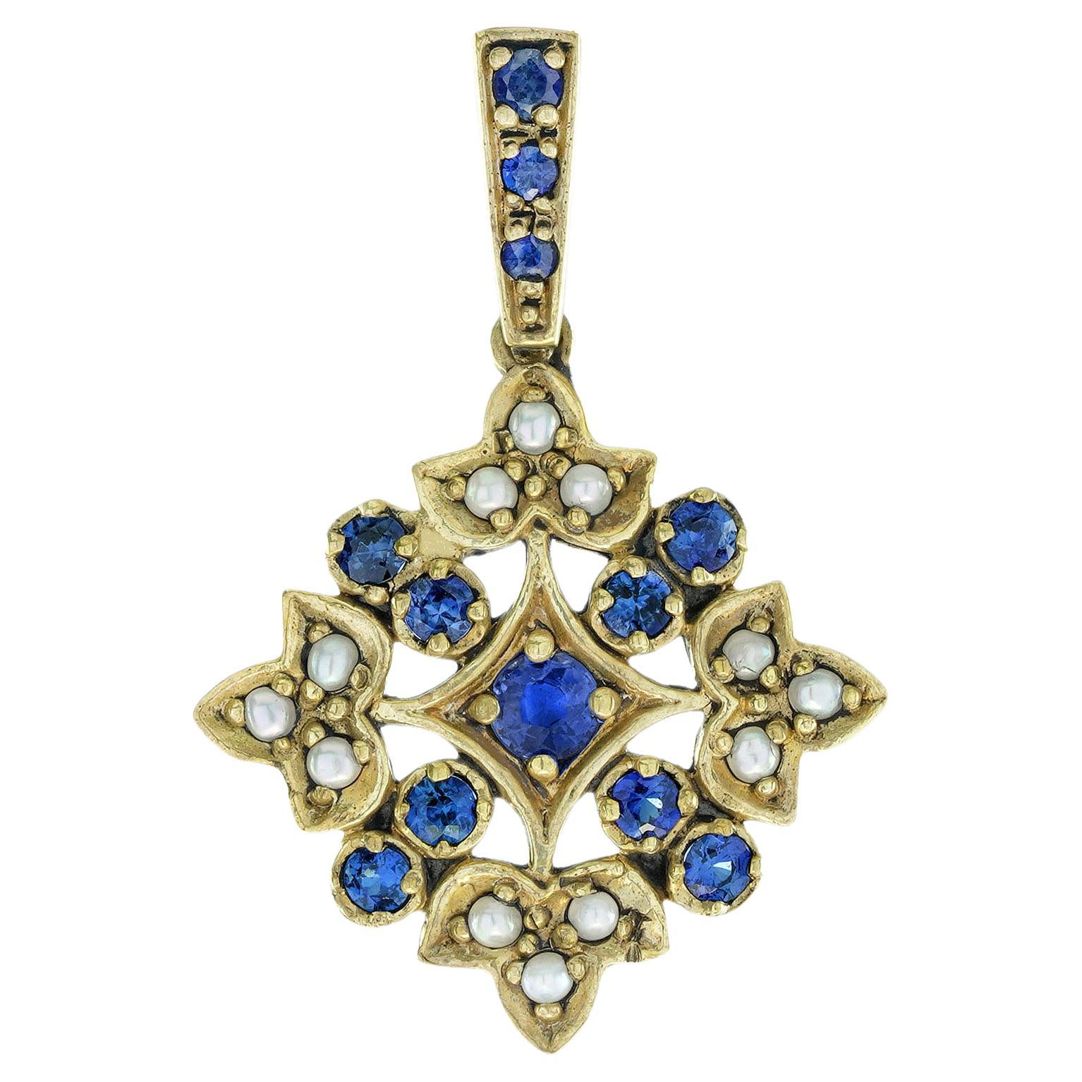Natural Blue Sapphire and Pearl Vintage Style Bloom Pendant in Solid 9K Gold For Sale