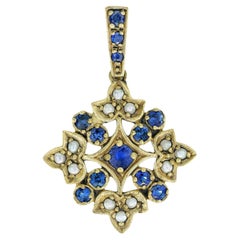 Pendentif Bloom en or massif 9K avec saphir bleu naturel et perle de style vintage