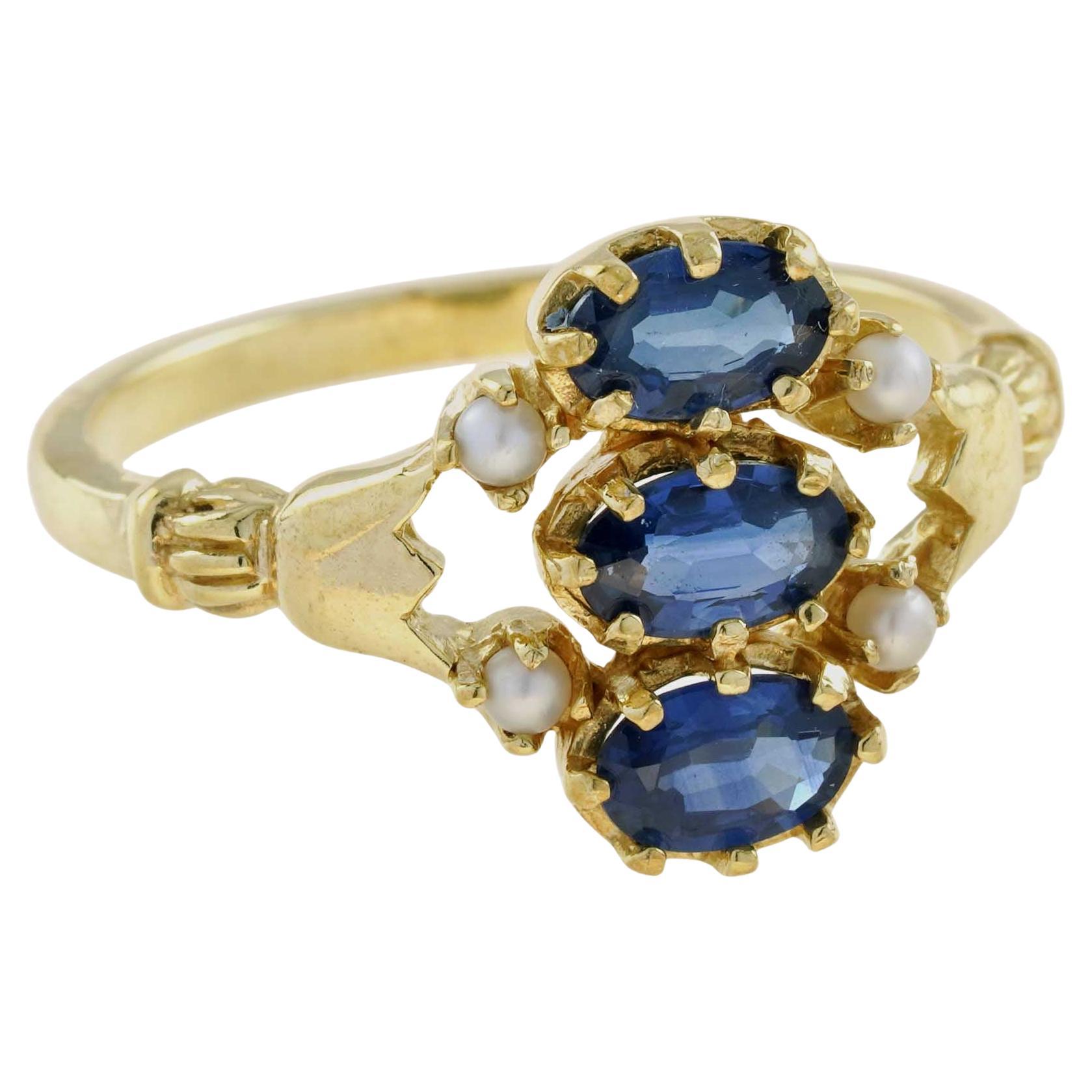 Anello a tre pietre in stile vintage con zaffiro blu naturale e perla in oro massiccio 9 carati in vendita