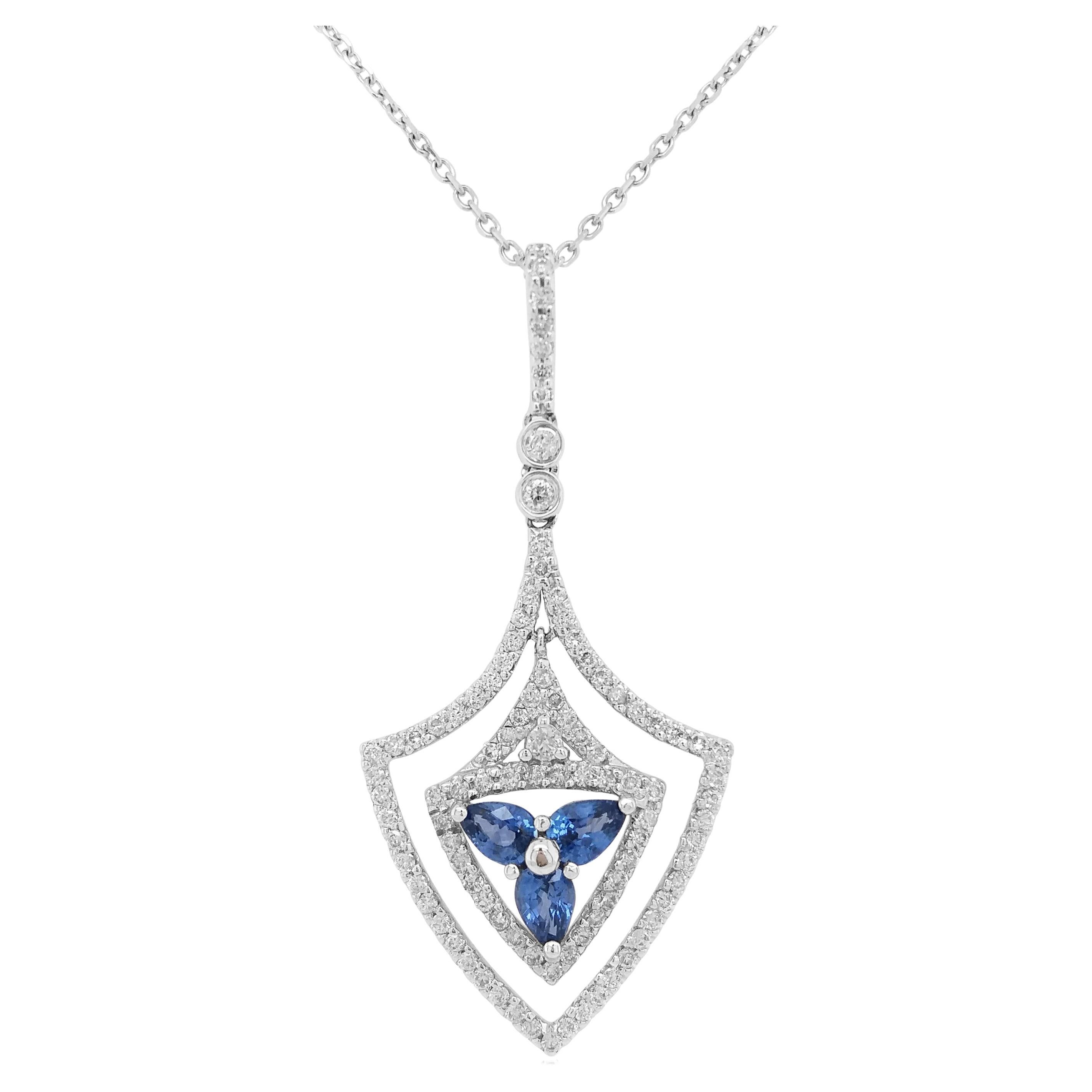 Natural Blue Sapphire White Diamond 18K Gold Pendant Necklace