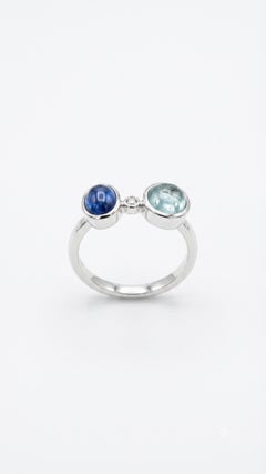 Designer 14K Gold Blue Sapphire, Aquamarine & Diamond Halo Ring