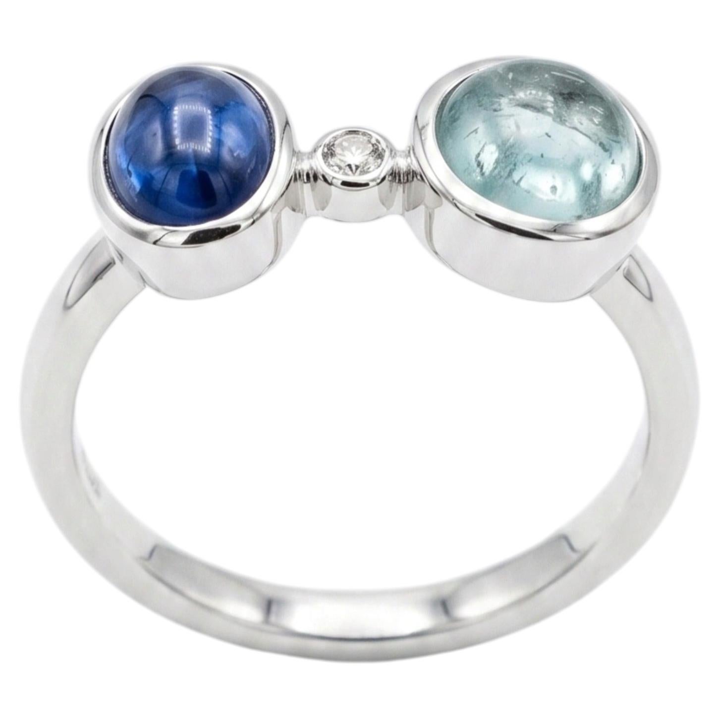 Designer 14K Gold Blue Sapphire, Aquamarine & Diamond Halo Ring
