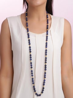 Natural Blue Sapphire Beaded Long Necklace with Gold Beads