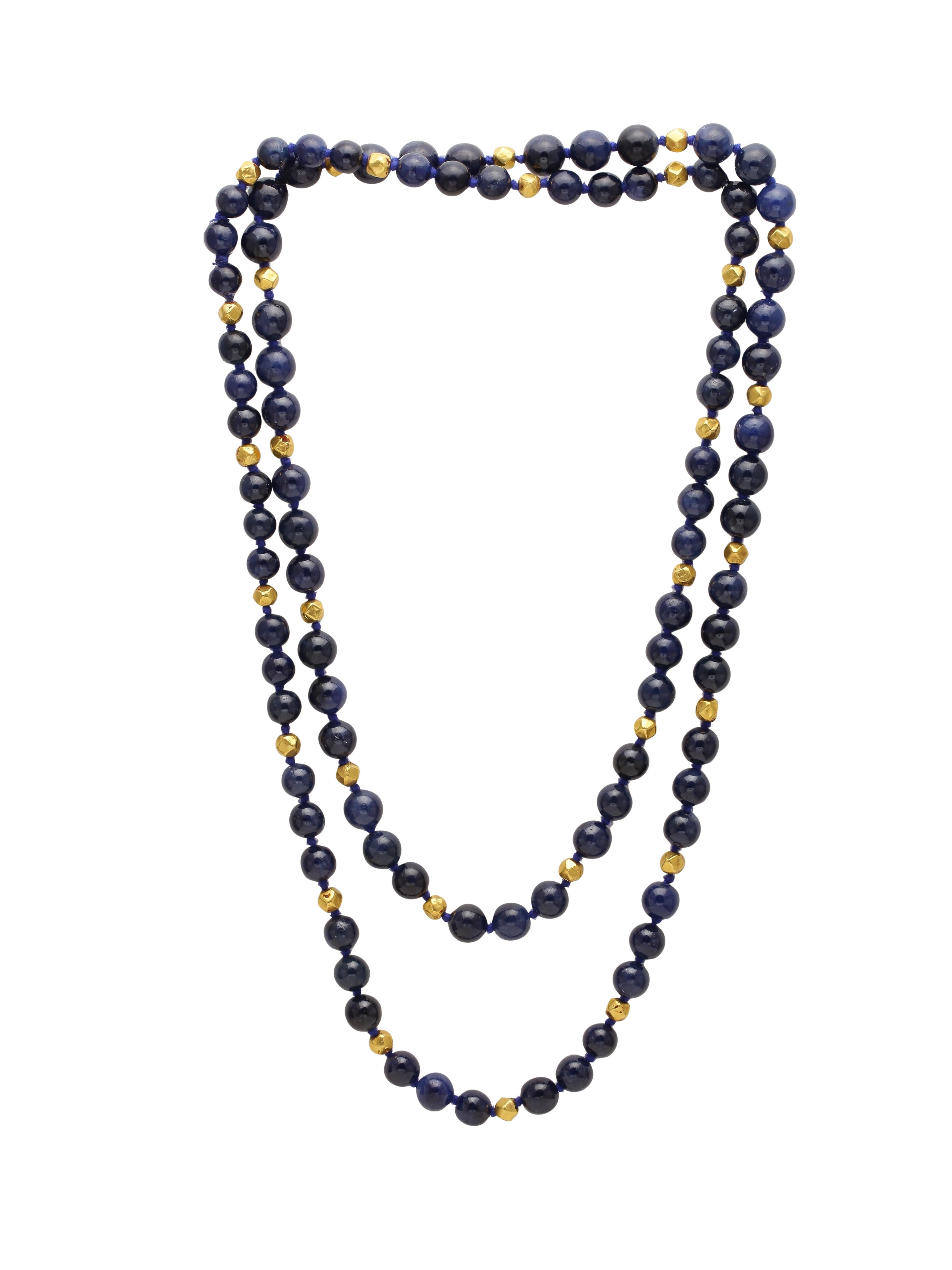 Victorian Natural Blue Sapphire Beaded Long Necklace with Gold Beads For Sale