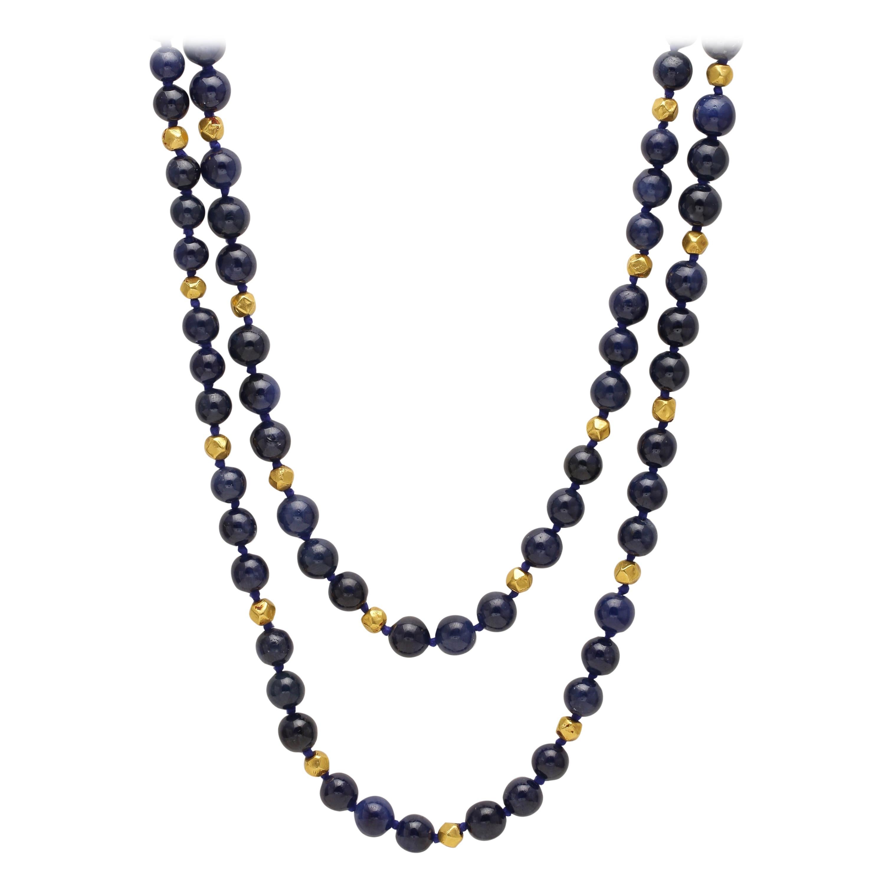 Natural Blue Sapphire Beaded Long Necklace with Gold Beads