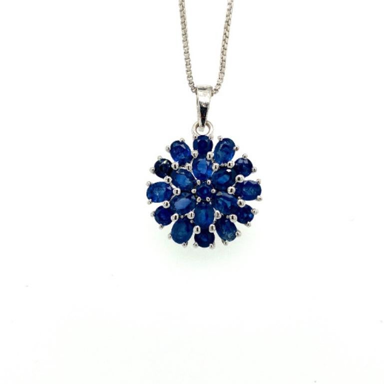 Art Deco Natural Blue Sapphire Blossom Flower Pendant in .925 Sterling Silver for Her For Sale