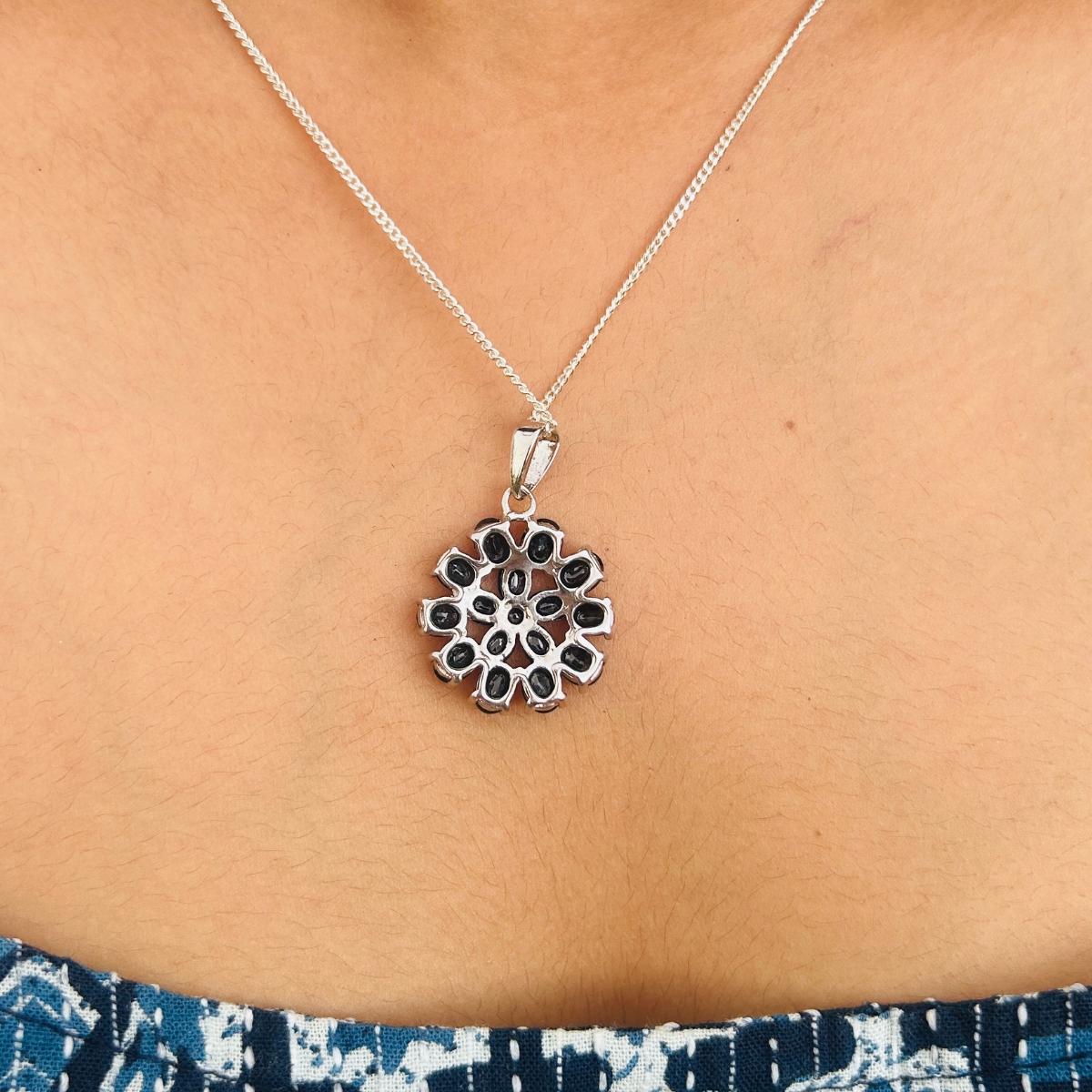 Natural Blue Sapphire Blossom Flower Pendant in 925 Sterling Silver for Mom 2