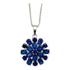 Natural Blue Sapphire Blossom Flower Pendant in 925 Sterling Silver for Her