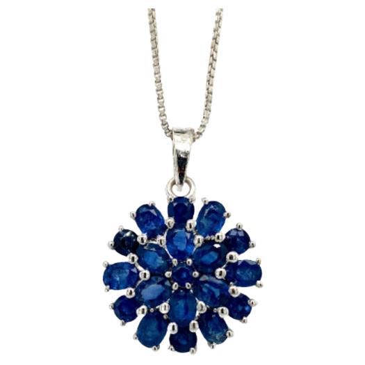 Natural Blue Sapphire Blossom Flower Pendant in .925 Sterling Silver for Her For Sale