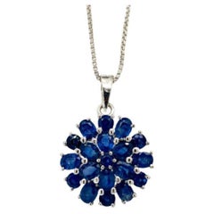 Natural Blue Sapphire Blossom Flower Pendant in .925 Sterling Silver for Her