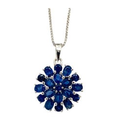 Natural Blue Sapphire Blossom Flower Pendant in 925 Sterling Silver for Mom