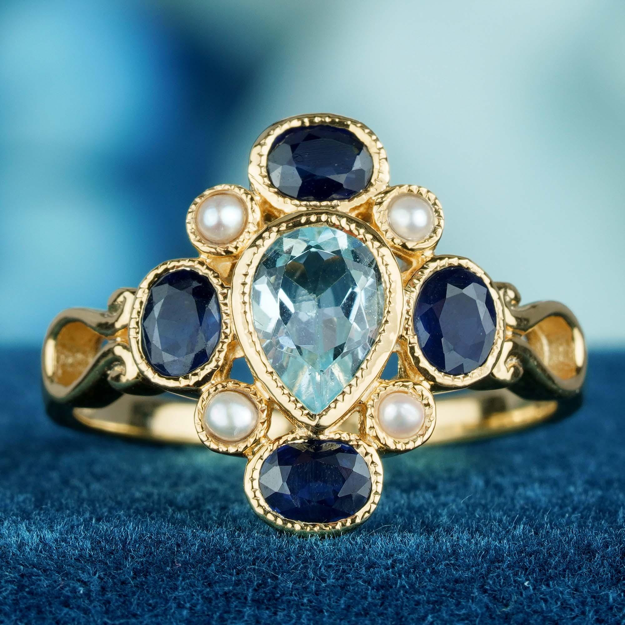 For Sale:  Natural Blue Sapphire Blue Topaz Pearl Vintage Style Cluster Ring in 9K Gold 2