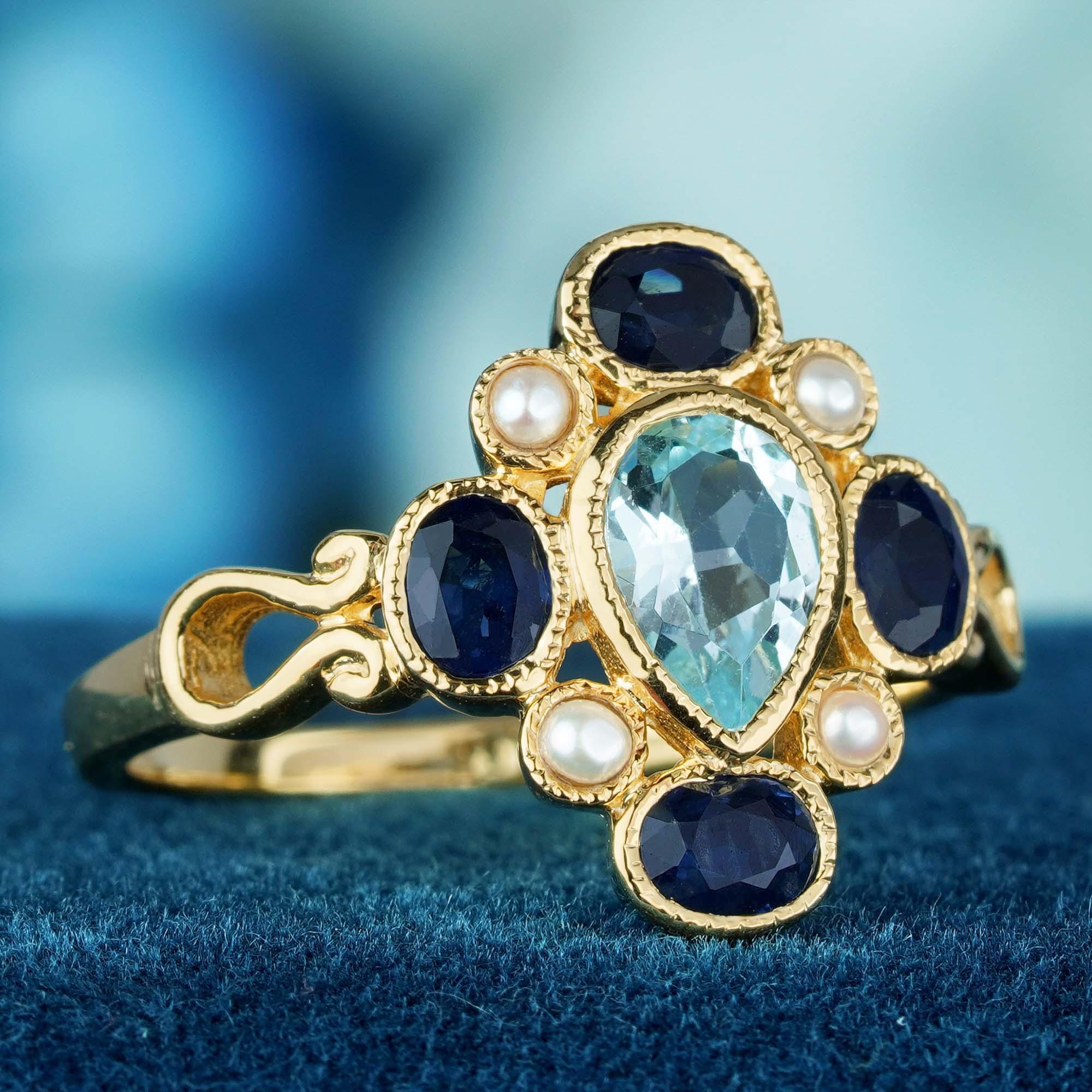 For Sale:  Natural Blue Sapphire Blue Topaz Pearl Vintage Style Cluster Ring in 9K Gold 2