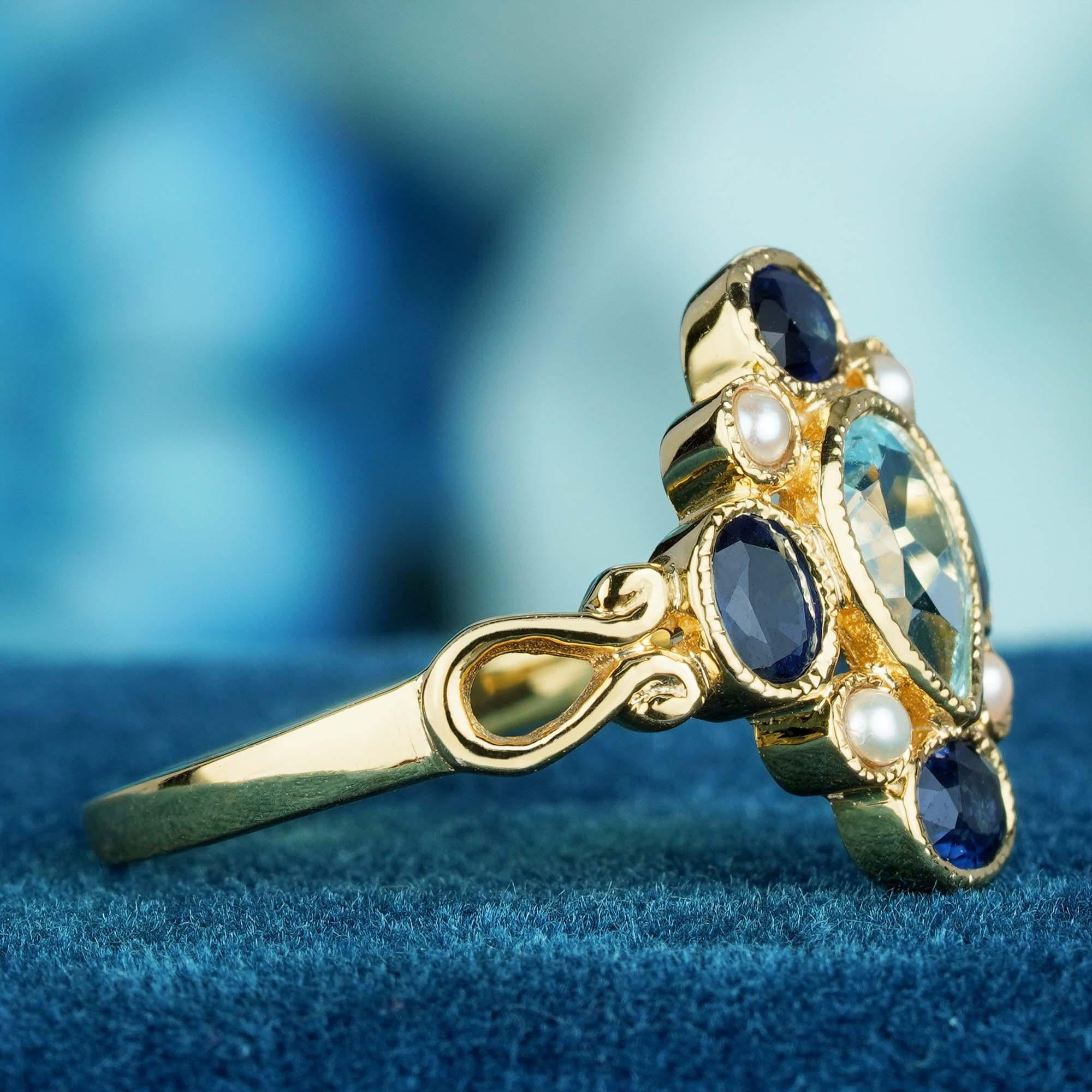 For Sale:  Natural Blue Sapphire Blue Topaz Pearl Vintage Style Cluster Ring in 9K Gold 4