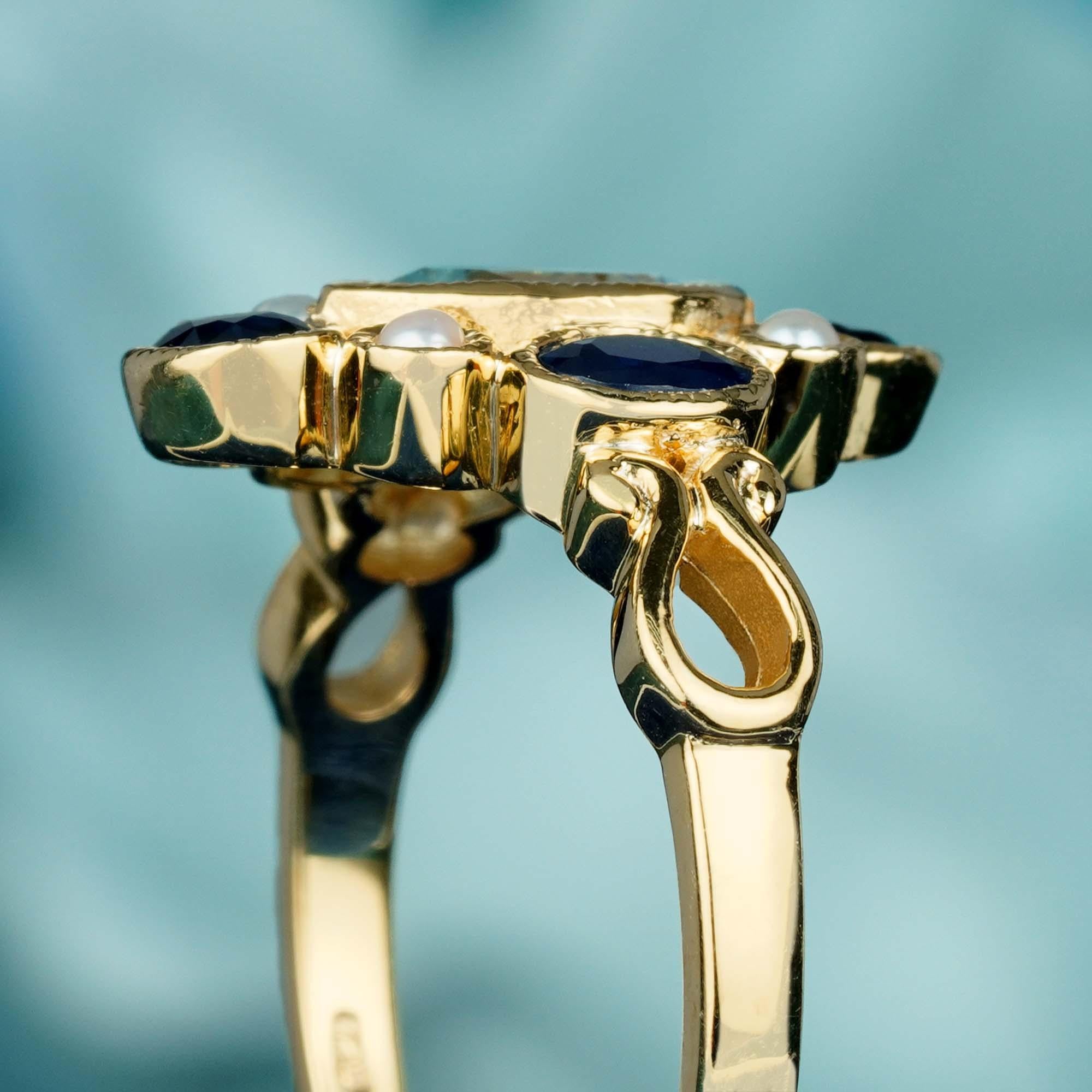 For Sale:  Natural Blue Sapphire Blue Topaz Pearl Vintage Style Cluster Ring in 9K Gold 4