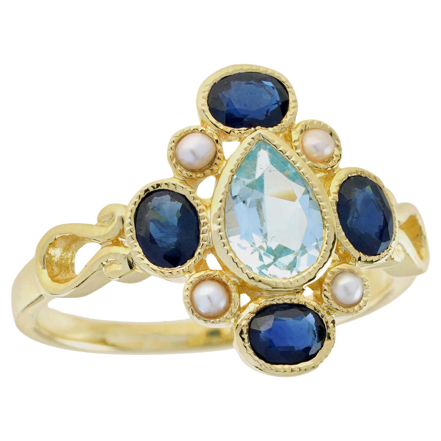 For Sale:  Natural Blue Sapphire Blue Topaz Pearl Vintage Style Cluster Ring in 9K Gold