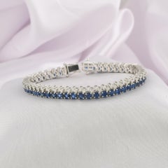 Natural Blue Sapphire Bracelet with Diamonds in 18K White Gold Handmade Jewelry