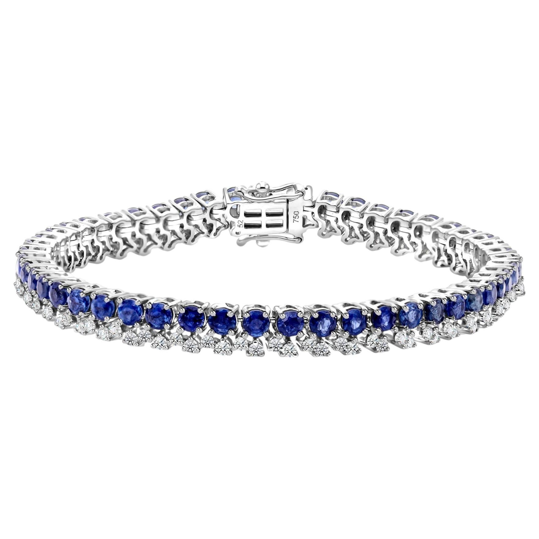 Natural Blue Sapphire Bracelet with Diamonds in 18K White Gold Handmade Jewelry