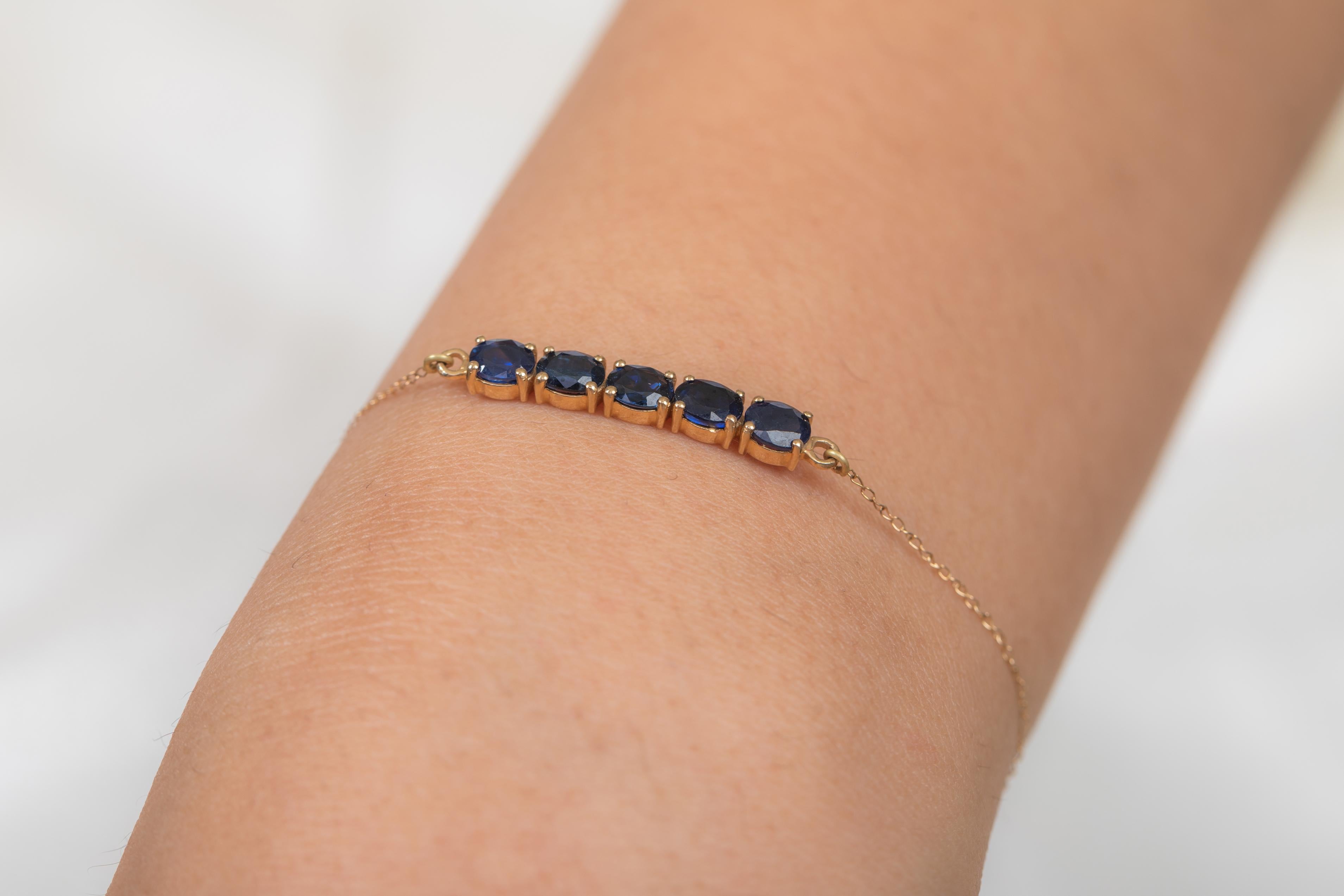 Oval Cut Natural Blue Sapphire Chain Bracelet in 14K Yellow Gold