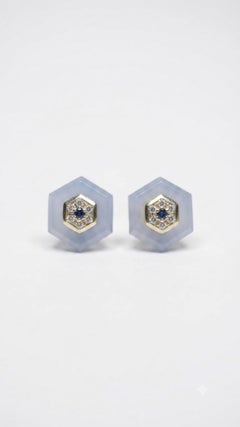 Natural Blue Sapphire, Chalcedony & Diamond Earring in 14k Gold