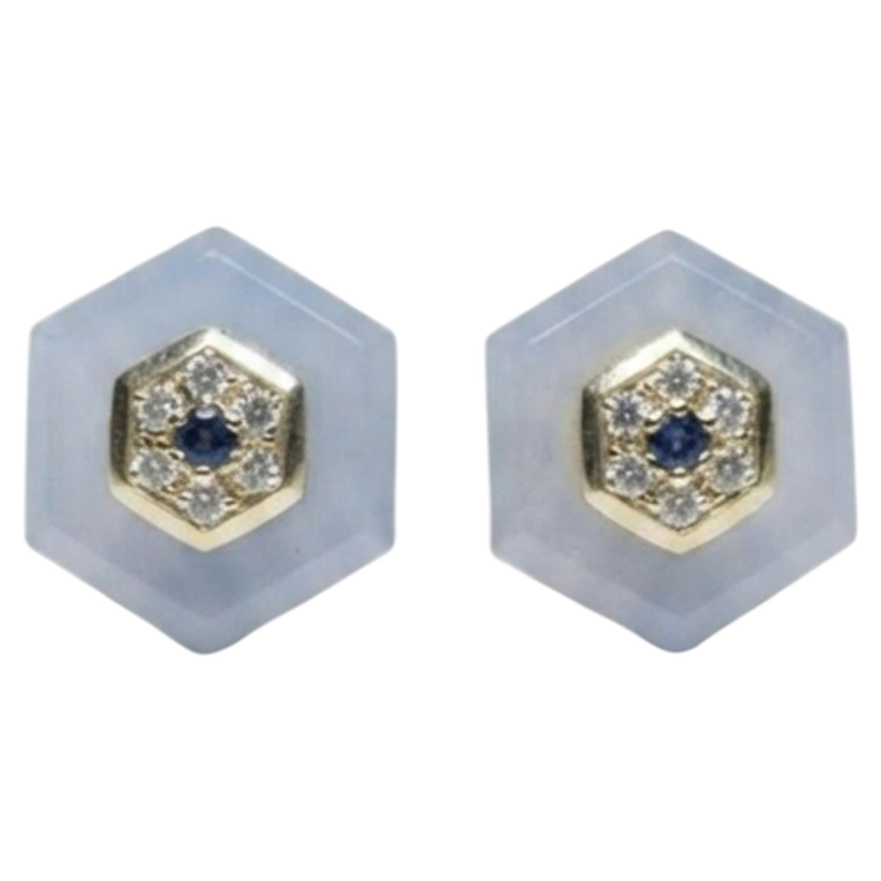 Natural Blue Sapphire, Chalcedony & Diamond Earring in 14k Gold For Sale