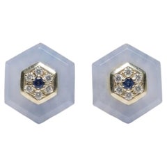 Natural Blue Sapphire, Chalcedony & Diamond Earring in 14k Gold
