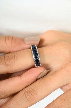 Natural Blue Sapphire Channel-Set Unisex Eternity Band Ring in 925 Silver