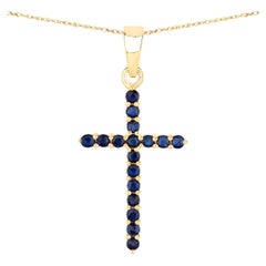 Natural Blue Sapphire Cross Pendant 0.58 Carats 14K Yellow Gold