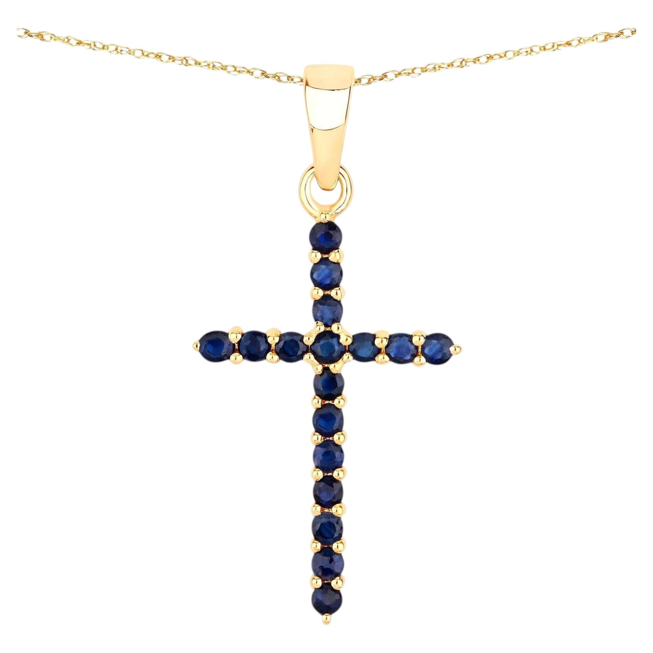 Natural Blue Sapphire Cross Pendant 0.58 Carats 14K Yellow Gold