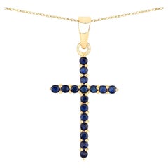 Natural Blue Sapphire Cross Pendant 0.58 Carats 14K Yellow Gold
