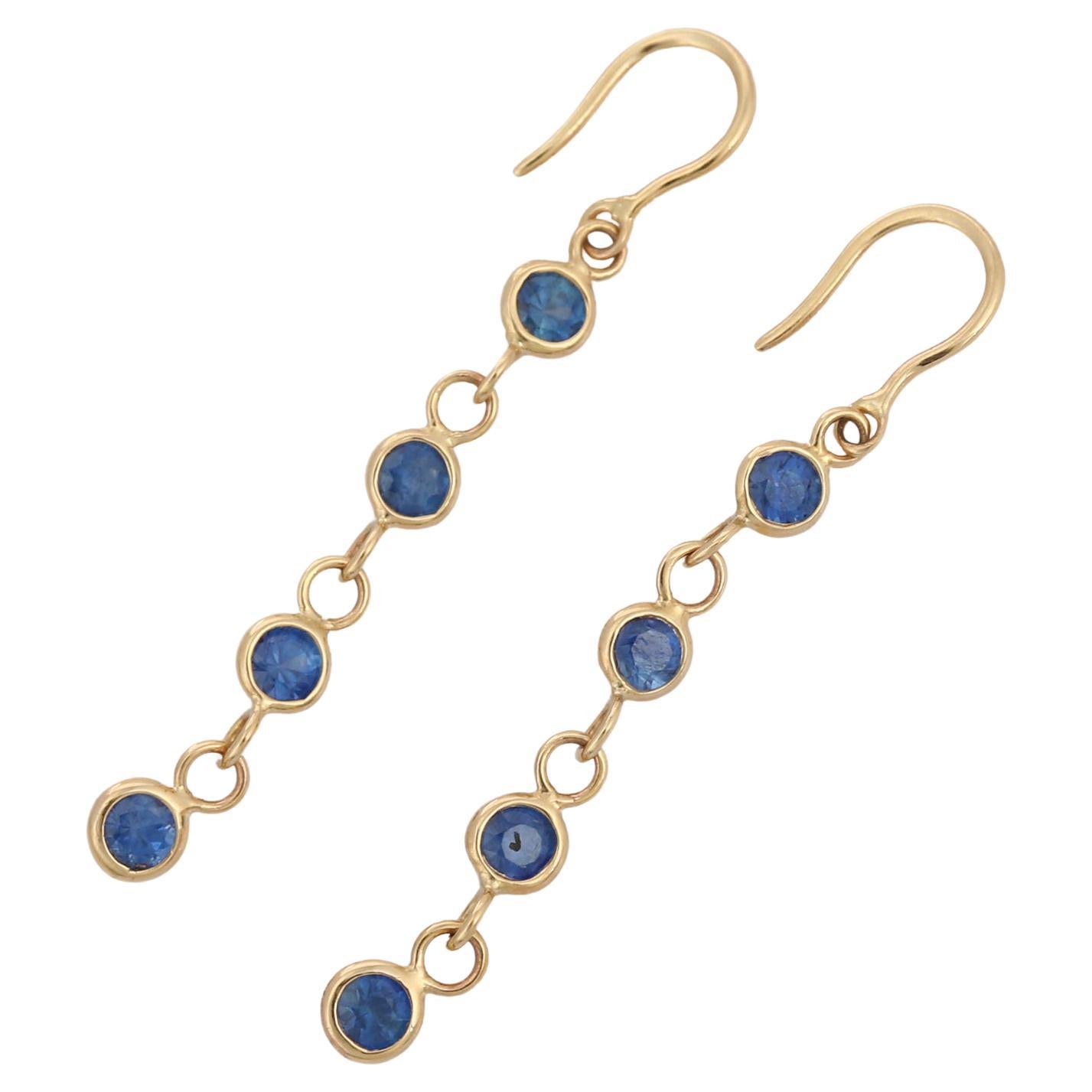 Modern Natural Blue Sapphire Dangle Earrings in 18K Yellow Gold, Linear Earrings For Sale